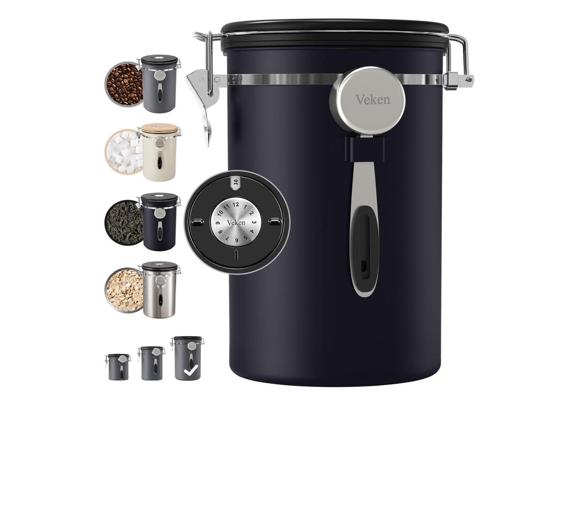 Veken Airtight Stainless Steel Coffee Canister with Scoop &amp; Tracker ➥